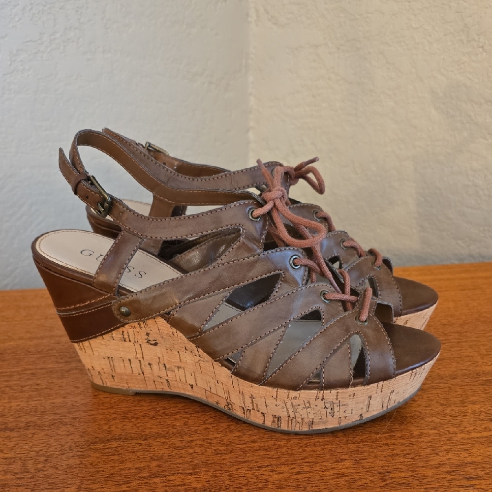 Guess Tan Strappy Lace Up Buckle Wedge Sandals Size 8
